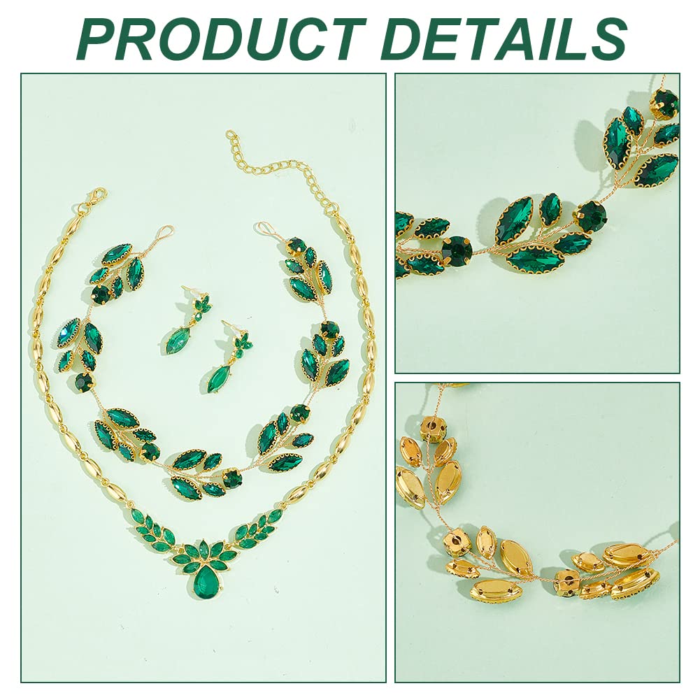 CHGCRAFT Conjunto de joyas de boda para novia, color verde, para novia, pelo de vid, boda, diamantes de imitación, diadema de cristal, pulsera, pendientes colgantes, juego de boda, fiesta, joyas para