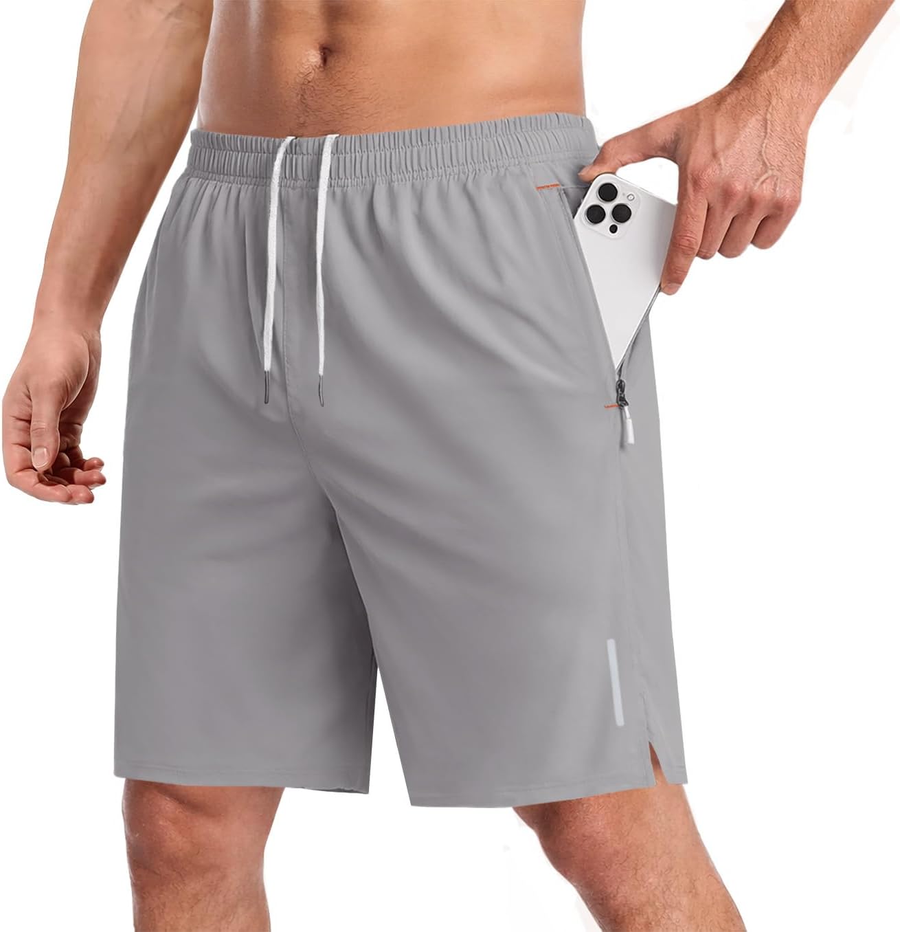 PEGENO Mens Athletic Shorts 7 Inch Elastic Waist for Workout Hiking | Reflective Strips, 2 Zipper Pockets, 4-way Stretch, Moisture Wicking, Quick Dry, Lightweight, Breathable, Gym, Running