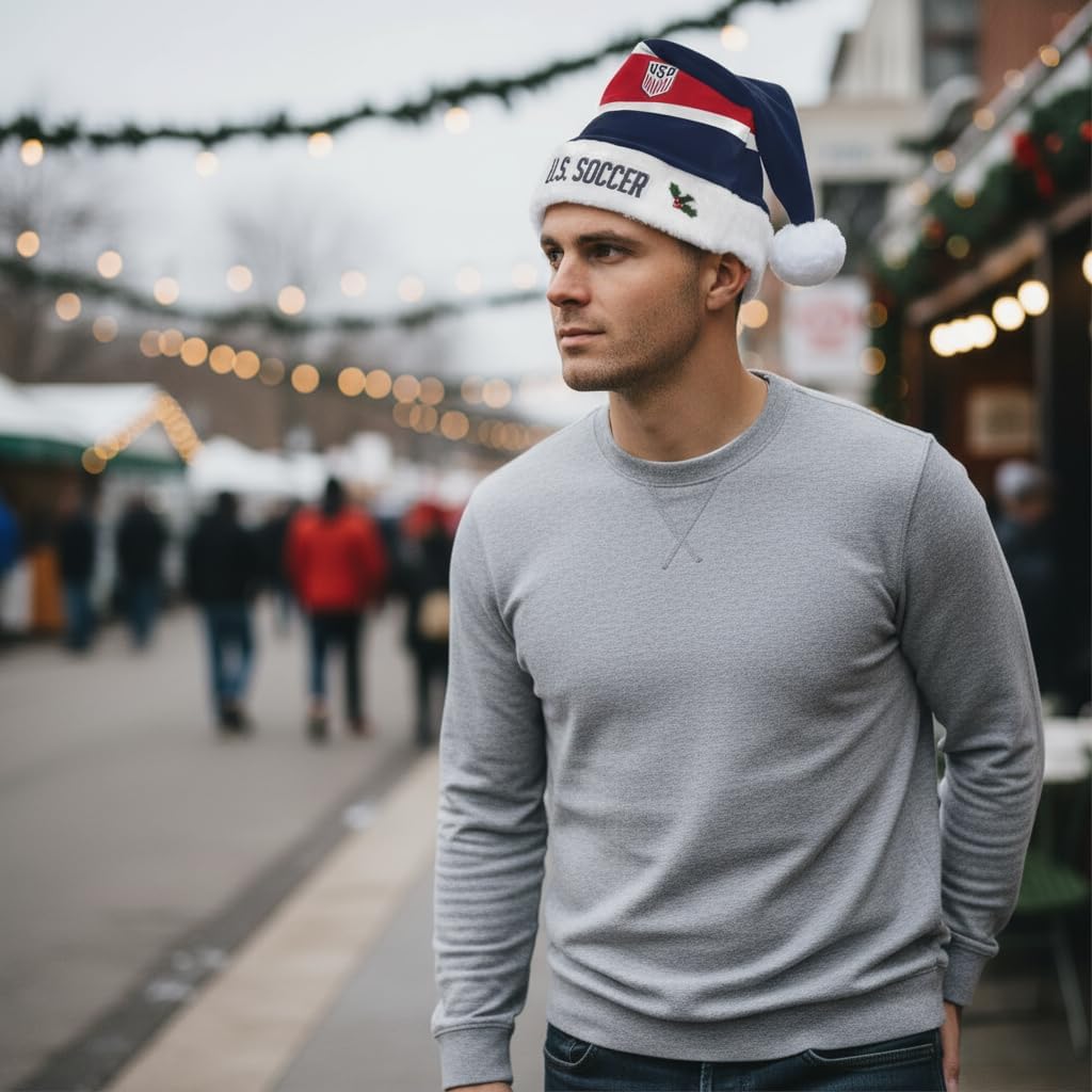 FOCO USA Men’s Soccer 2025 Embroidered Santa Hat – Official USMNT Novelty Christmas Holiday Hat with Team Logo – Fun Unisex Team USA Holiday Attire for Parties, Photos, and Games – Licensed Fan Gear