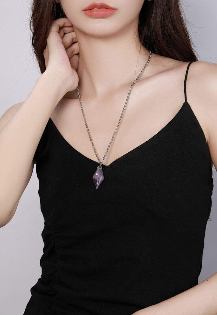 Thajaling 12 Facet Reiki Beautiful Crystal Pendant Necklace Healing Amethyst Pendulum Necklaces for Divination Balancing Pointed Pendant for Women - Image 5