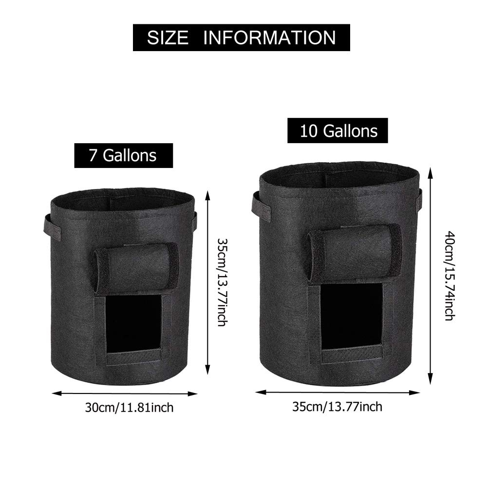 Worki do uprawy ziemniaków, Torby do uprawy ziemniaków, szaro-czarne, 7-10 gal, 4 szt. doniczek z haczykami i pętelkami paskiem na okienko(Black,7 Gallon)