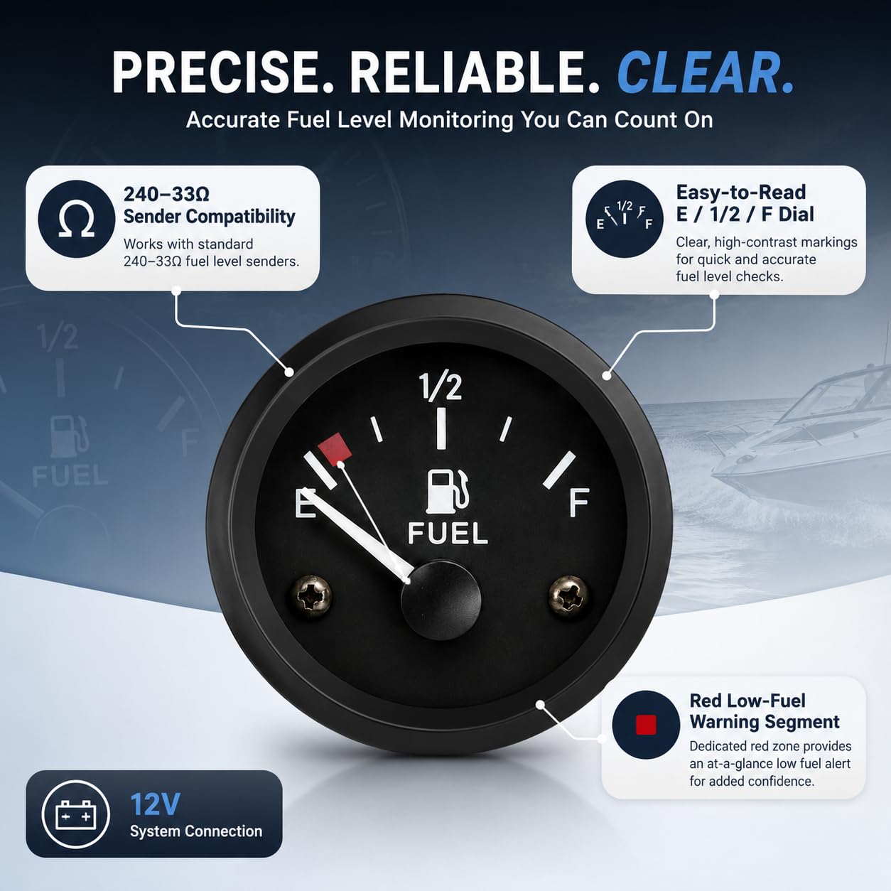 2" Fuel Gauge, 52mm Boat Fuel Gauge, E-1/2-F Pointer Fuel Gauges for Car, DC 12VFuel Tank Meter (White)
