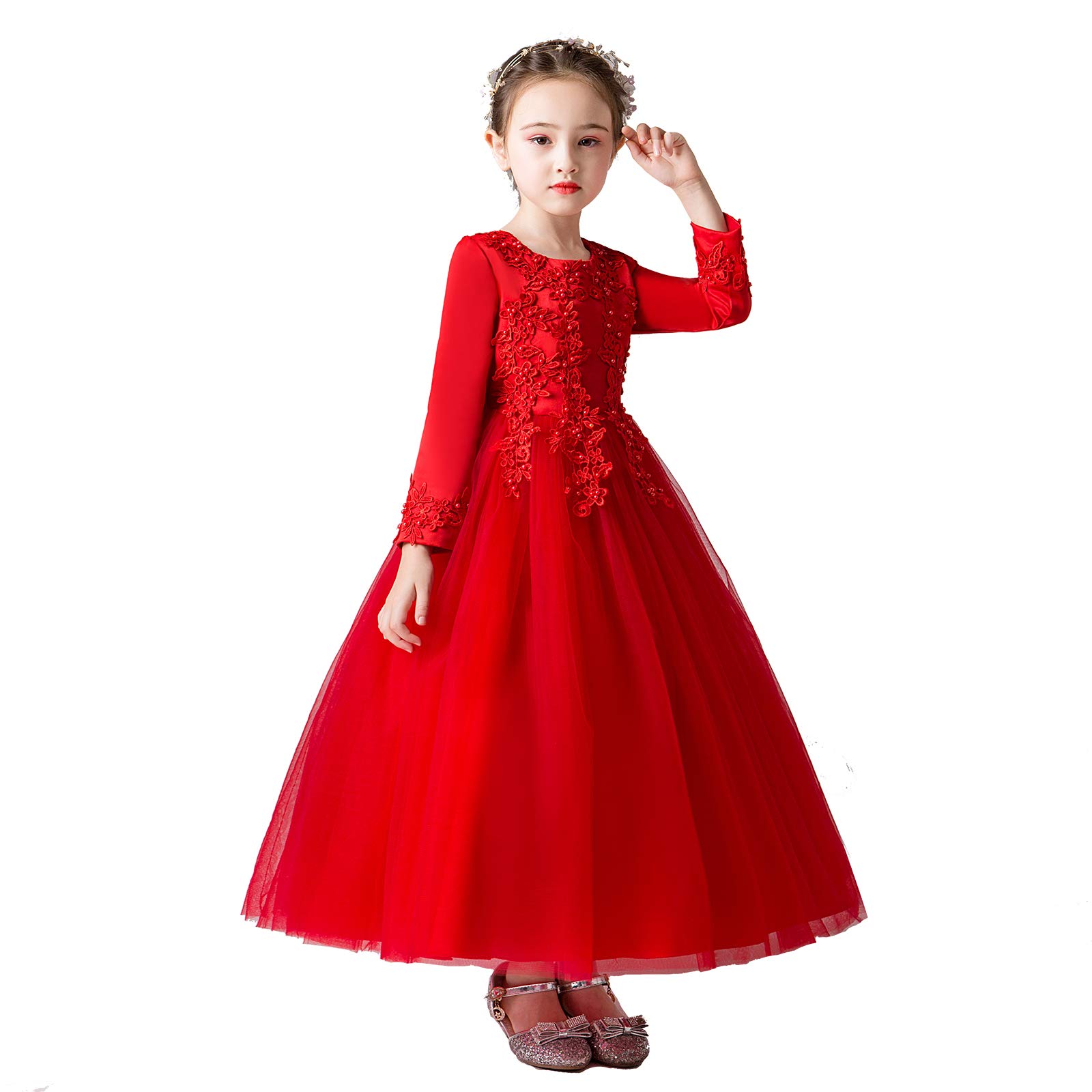 amropi Niñas Vestido de Princesa Fiesta Boda Flor Bordado Largo Manga Tul Vestidos + Corona 3-12 Años