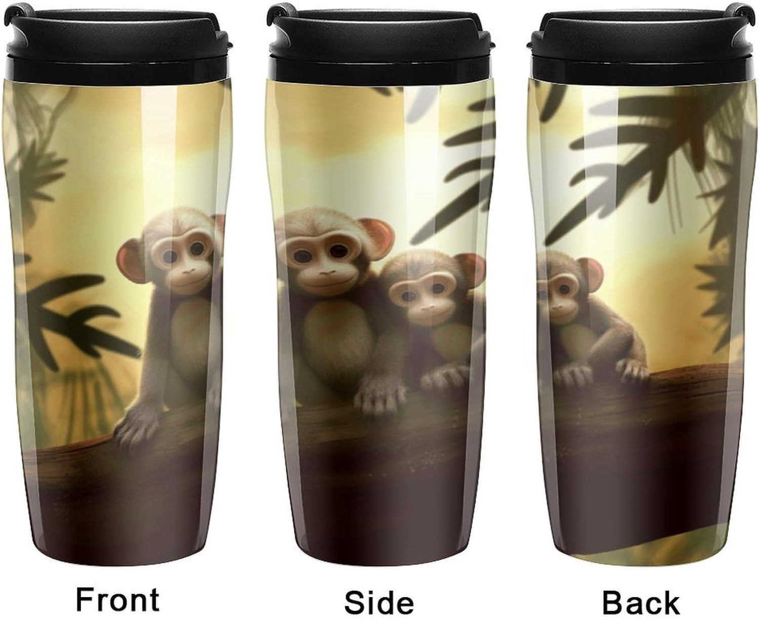 Cute Couple Monkey Coffee Cup Reusable Portable Water Bottle with Double-Walled Plastic,Coffee Mug for Hot & Cold Drinks, Cup Holder Friendly 350ml