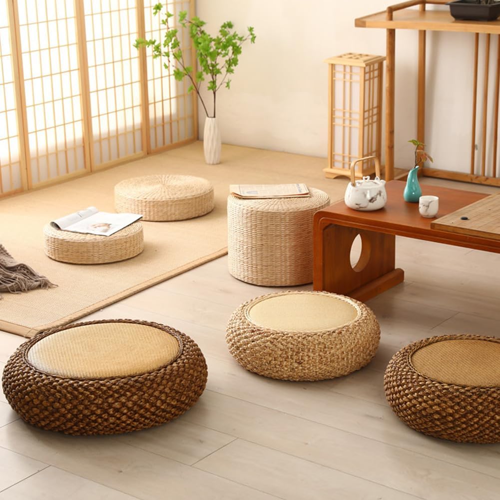 Srutirbo Japanese Floor Pillow, Tatami Meditation Cushion with Rattan Woven Breathable Design, Round Floor Seat for Adults - Ideal for Yoga, Bedroom, Balcony and Tea Room Sitting (Khaki, 15.7inch)