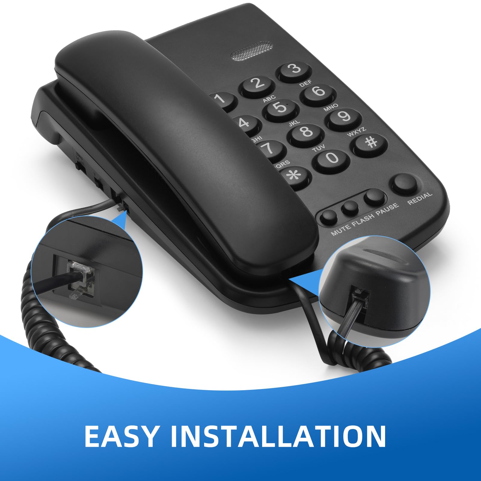 Telefon stacjonarny, czarny przewodowy telefon stacjonarny do domu, telefon biurowy, telefon domowy z klawiszami funkcyjnymi/regulowana głośność do biura/hotelu