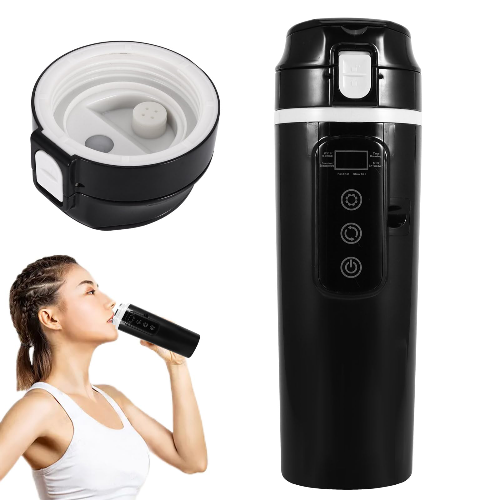 Palmcee Hervidor de agua para coche, 12 V/24 V, taza de calefacción eléctrica portátil para coche, taza de viaje con calefacción eléctrica de 500 ml, forro de acero inoxidable 304, calentador
