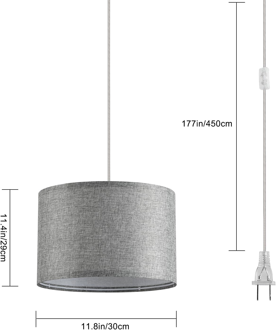2 Pack Plug in Pendant Light, Hanging Light with 15Ft Clear Cord, On/Off Switch, Grey Fabric Lamp Shade, Hanging Light Fixture for Bedroom, Kitchen, Living Room, Dining Table