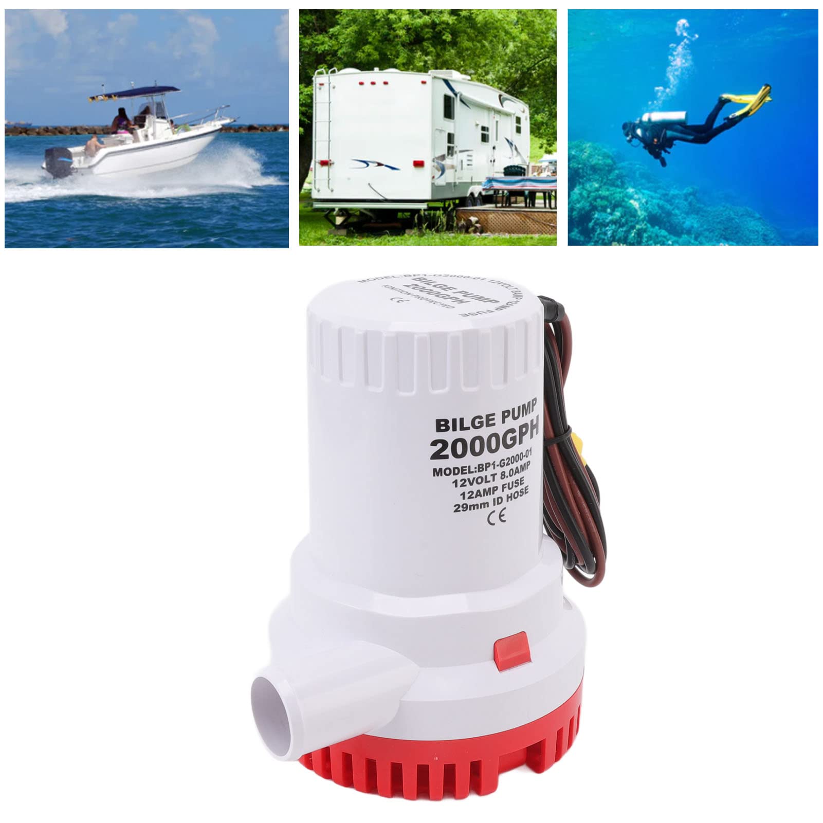 Bilge Pumps For Boats, 2000GPH Automatic Marine Bilge Pump Boat Bilge Pump Submersible Marine Boat Accessory For Pond, Swimming Pools, Spas (12V)