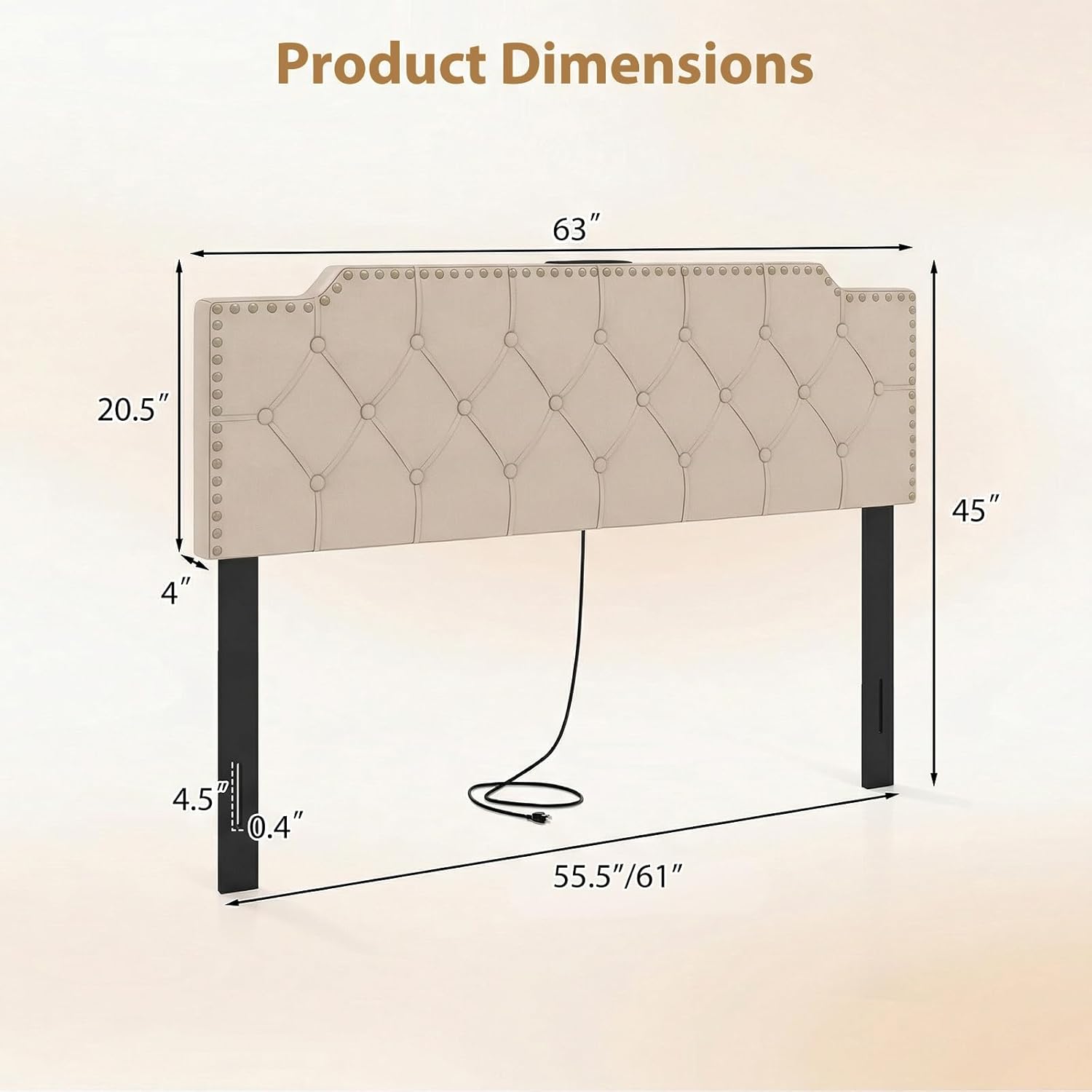 Giantex Headboard with Charging Station, Queen/Full Size Rivet Tufted Upholstered Head Board w/2 AC Outlets, USB & Type-C Ports, Rubber Wood Legs, Width Adjustable Modern Bed Headboard Only (Beige)