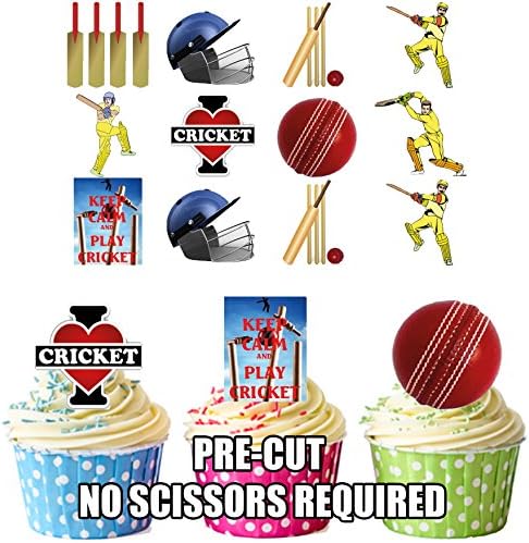 PRE-CUT Cricket Party Pack - Edible Cupcake Toppers / Cake Decorations (Pack of 36)
