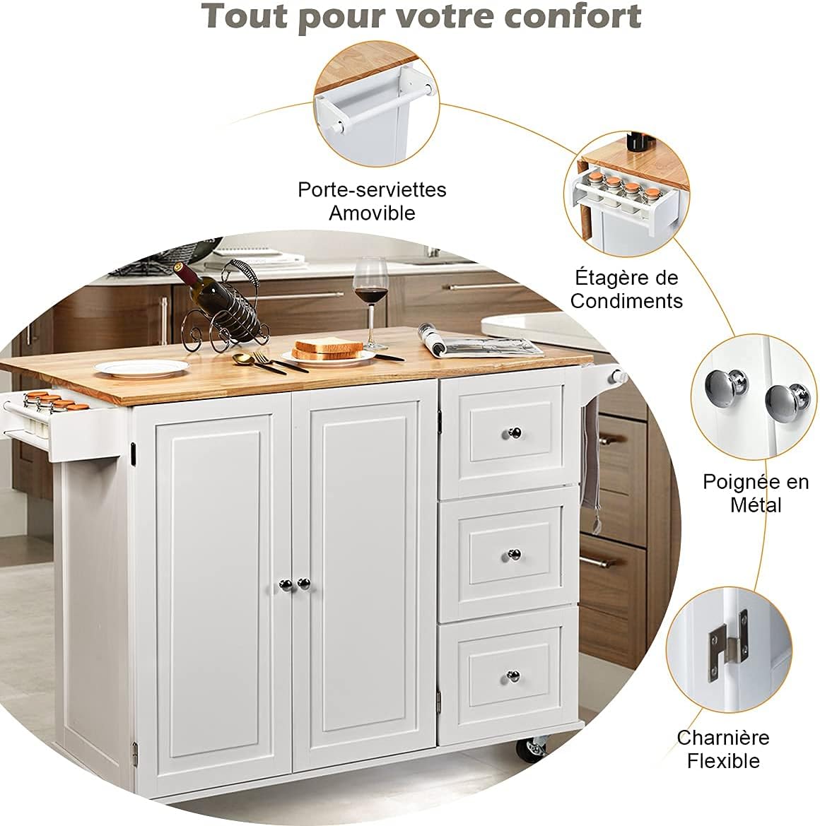 Kitchen Cart on Wheels with 3 Drawers & 3 Adjustable Compartments Foldable Kitchen Island with Spice Rack & Towel Holder White 136x76x91CM