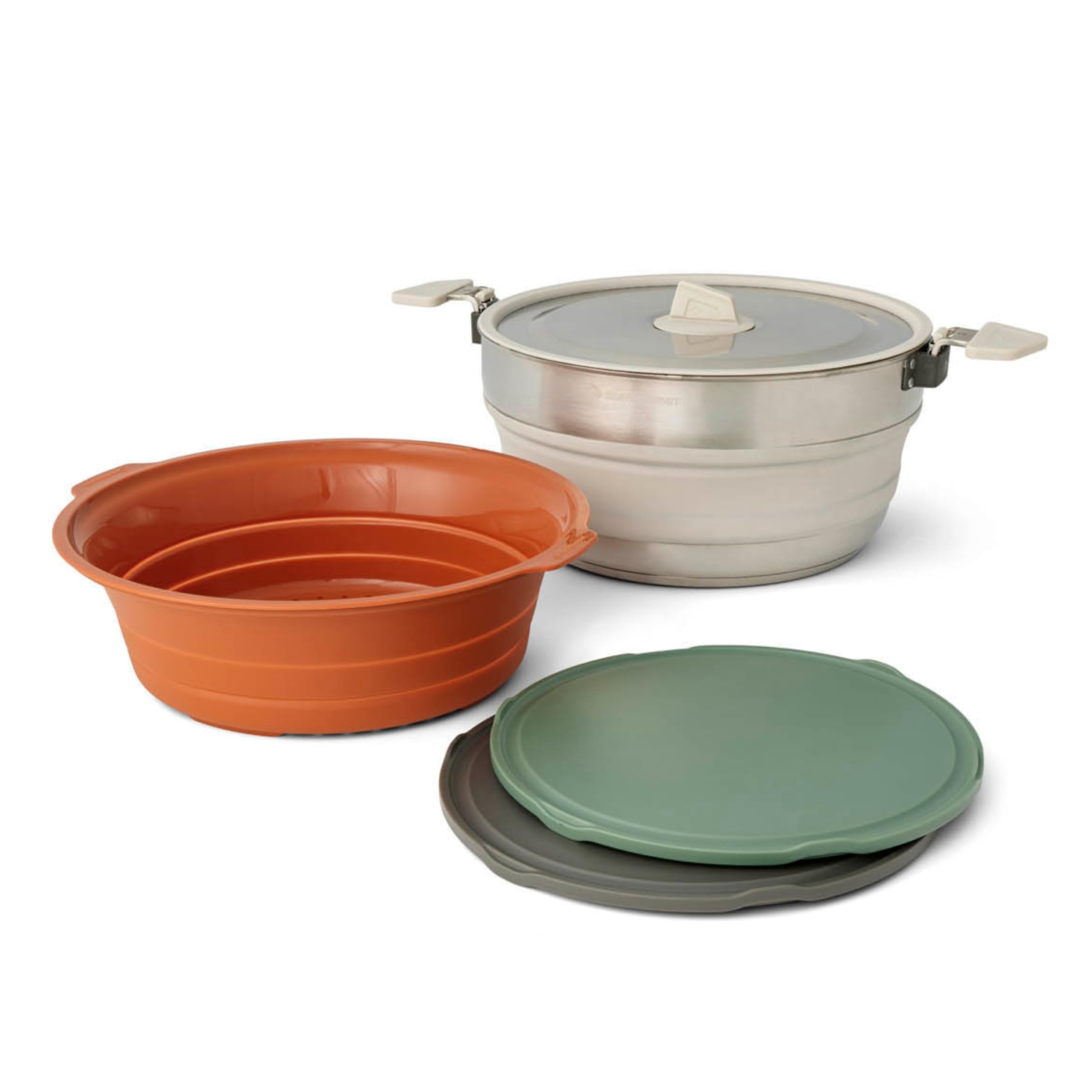 SEA TO SUMMIT - Detour Essentials Camp Kitchen Kit - 2 bis 4 Personen, 4-teilig - Faltbarer Topf 5L & Sieb + Deckel + 2 Schneidebretter - BPA-frei - Campingkochgeschirr aus Silikon & Edelstahl - 1681g