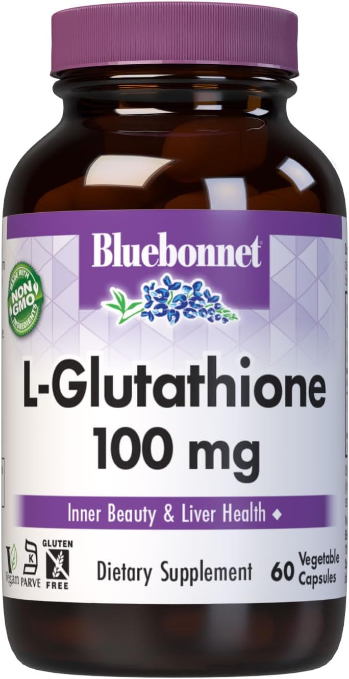 BlueBonnet L-Glutathione Supplement 100 mg Free-Form L-Glutathione for Liver Health & Antioxidant Support for Women & Men - Non-GMO, Vegan, Gluten-Free, Kosher, Soy-Free - 60 Vegetable Capsules