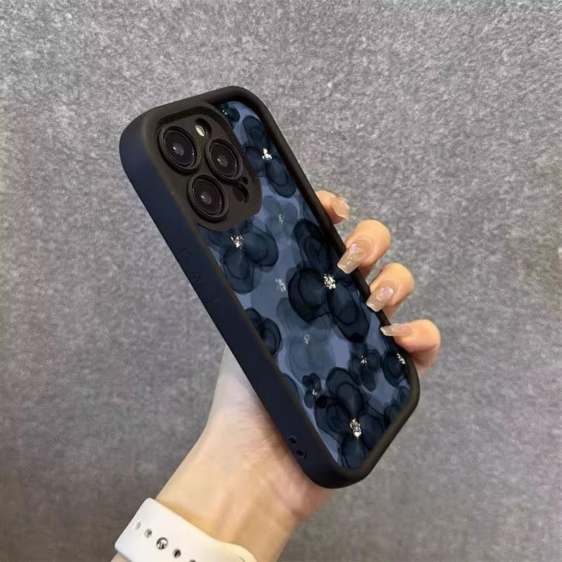 Image of COVERLY Floral Sparkling Back Case Cover for iPhone 16 Pro Max | Hot 3D Flower Black Cute Design | Lens Protection | Soft TPU Silicone Aesthetic Print Cover for Girls & Women (Black, Shockproof)