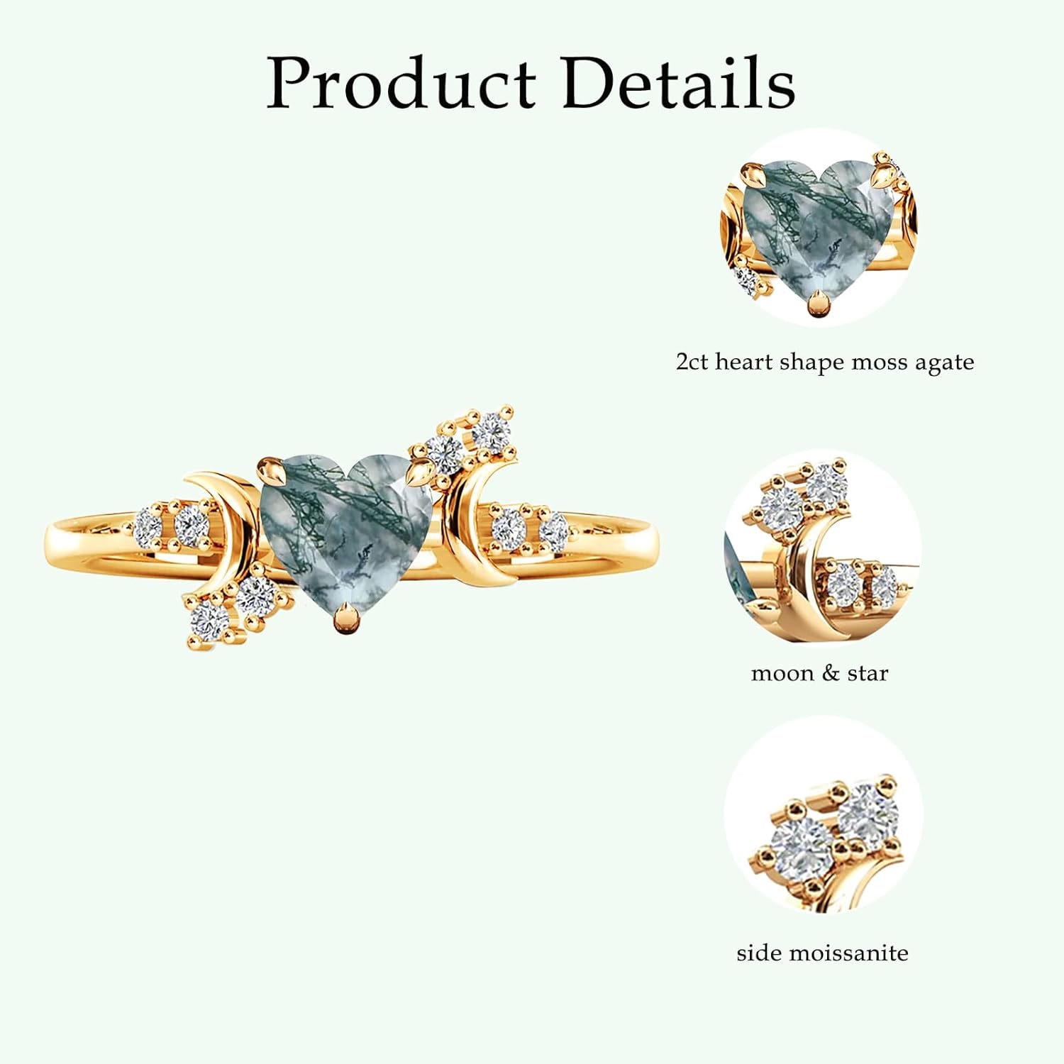 10K/14K/18K Solid Gold Moon Goddess Moss Agate Rings with Moissanite Natural Moss Agate Engagement Rings Natural Green Moss Agate Promise Anniversary Wedding Rings for Women