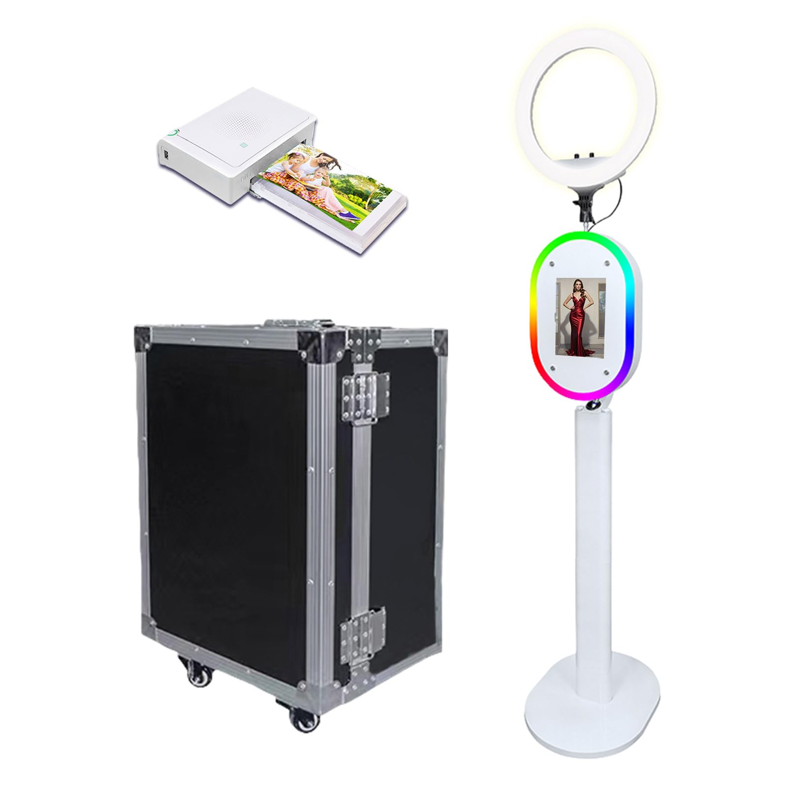 Photo Booth Compatible with iPad 10.2" 10.9" 11" 12.9" 13" with Ring Light and RGB Light Shell Stand Selfie Photobooth Machine for Events Rental Wedding (White Panel, Photo Booth Machine+Mini Printer)