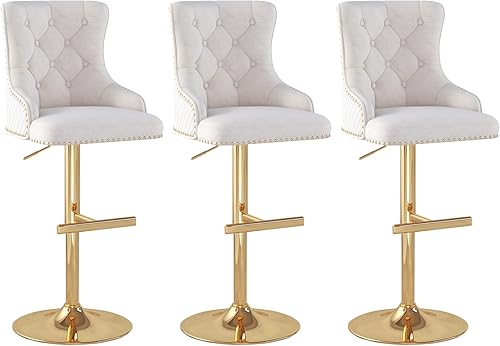 Miniatura 28 de Juego de 2 taburetes de bar de terciopelo con anillo giratorio de león para encimera de cocina, taburetes de bar tapizados con cabeza de clavo, Gris