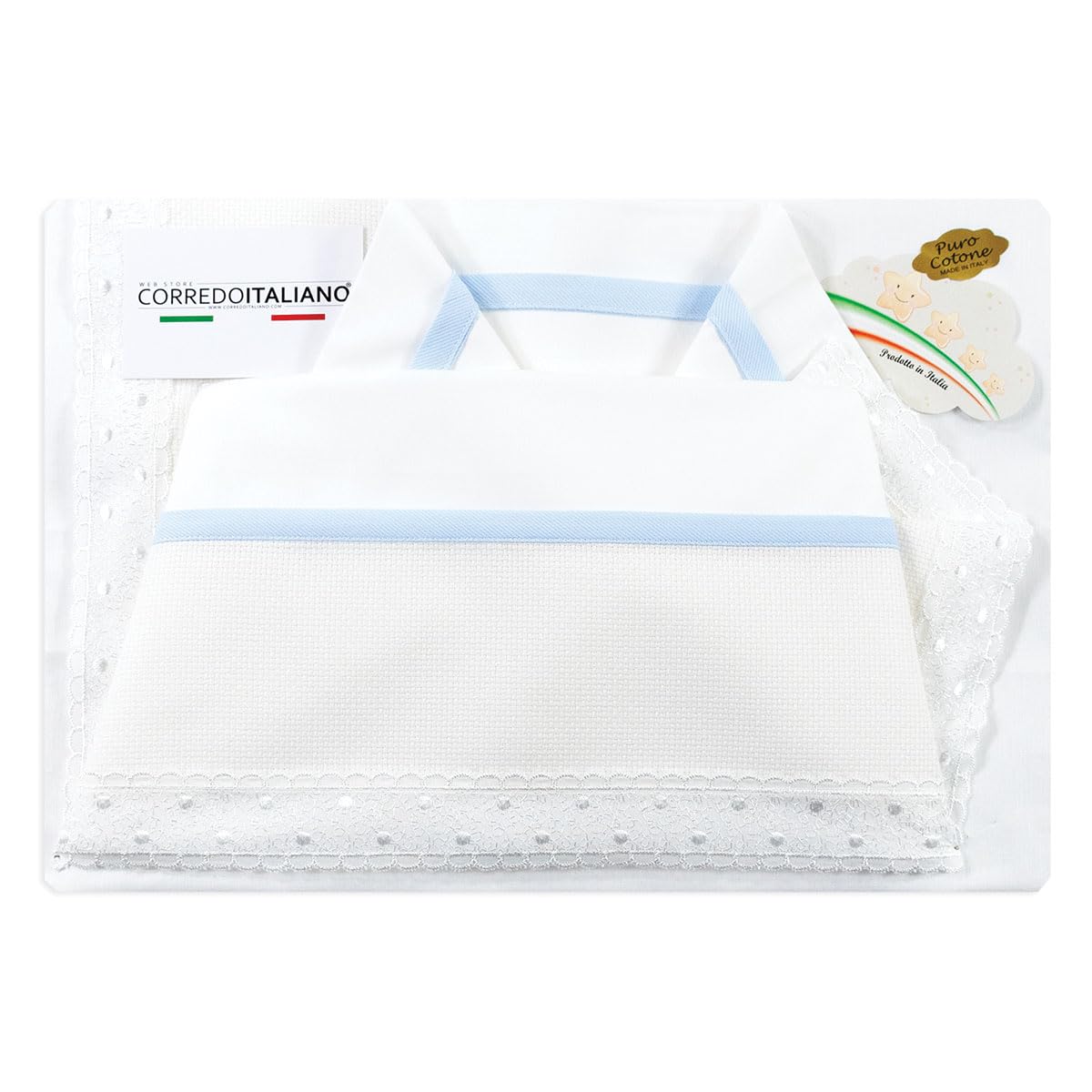 Corredo Italiano - Set Lenzuola 3 Pezzi per Culla/Carrozzina con Tela Aida per Ricami Personalizzati in Puro Cotone 100% Made in Italy (Cielo)