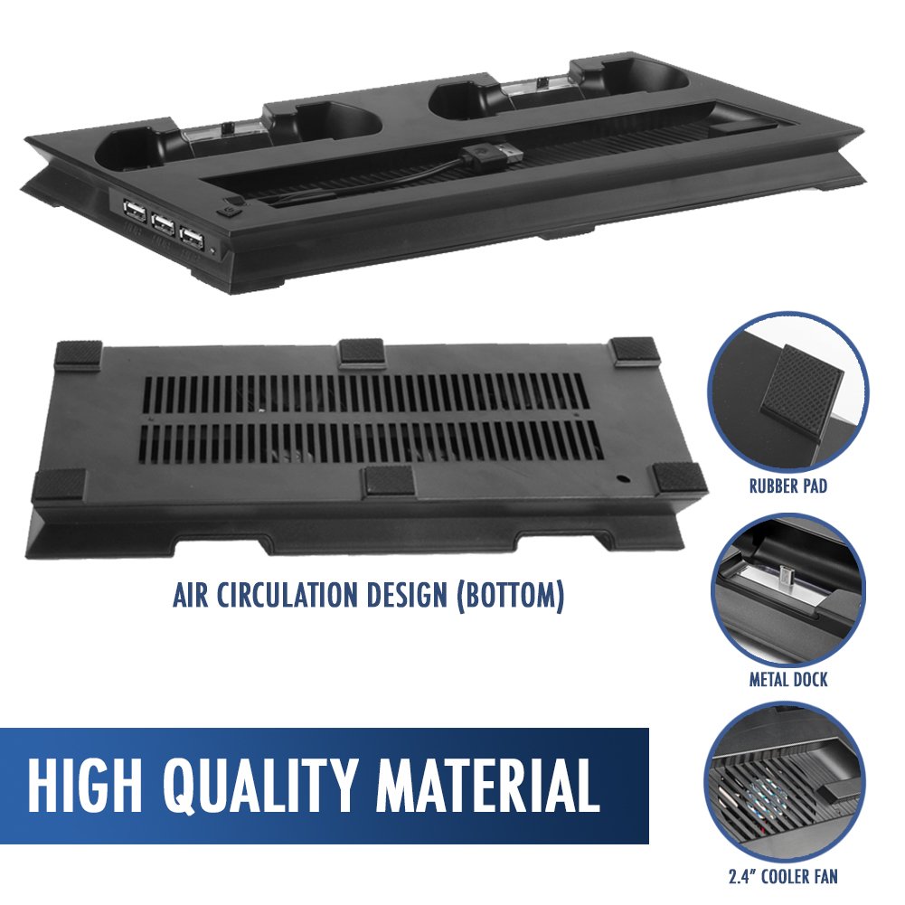 PS4 Cooler Pad | PS4 Slim Vertical Stand with Silent Noise Air Cooling Fan and 3 USB HUB Ports | Dual Controller Charging Stations DualShock Controllers with Safe Premium ABS Black PS4 Stand | 761.3