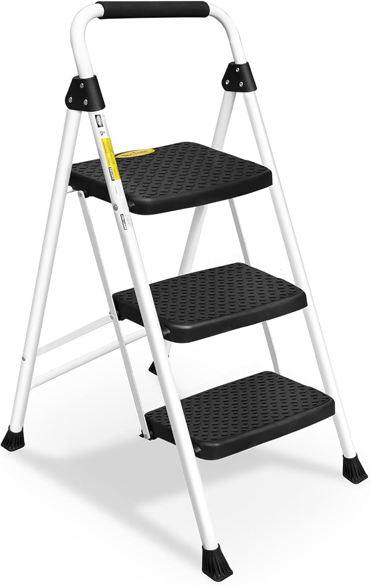 Escalera de mano, taburete plegable con pedal ancho antideslizante | Escalera de acero resistente, pasamanos conveniente, taburete de acero liviano y portátil