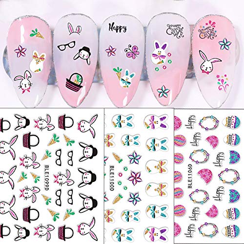 Easter Nail Art Stickers Decals Bunny Designer Nail Stickers For Nail Art Supplies Easter Basket Stuffers 3D Self-Adhesive Easter Eggs Rabbits Nail Sticker For Easter Diy Nail Decorations (12 Sheets) #TOP1