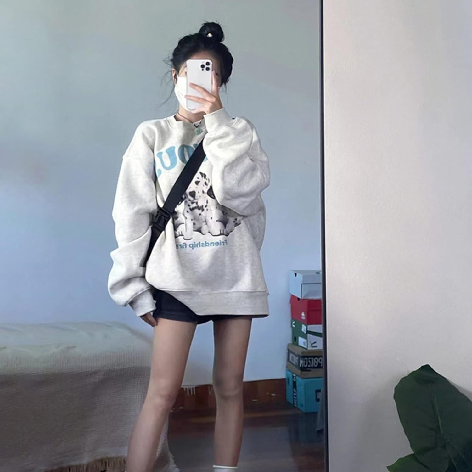 [Vihana] パーカー トレーナー 春秋 レディース 犬柄 英字 長袖 クルーネック ドロップショルダー 薄手 防風 トップス