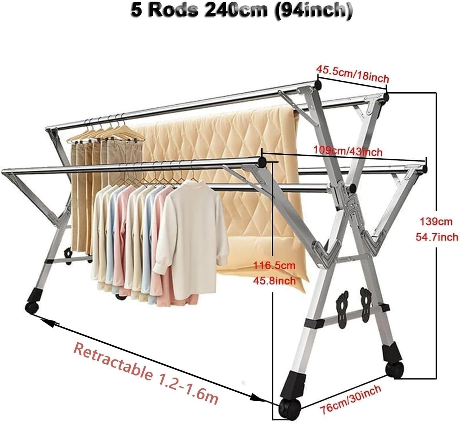 Heavy Duty Collapsible Clothes Drying Rack with Wheels, Foldable Stainless Steel 5-Rod Laundry Stand for Towels & Clothes