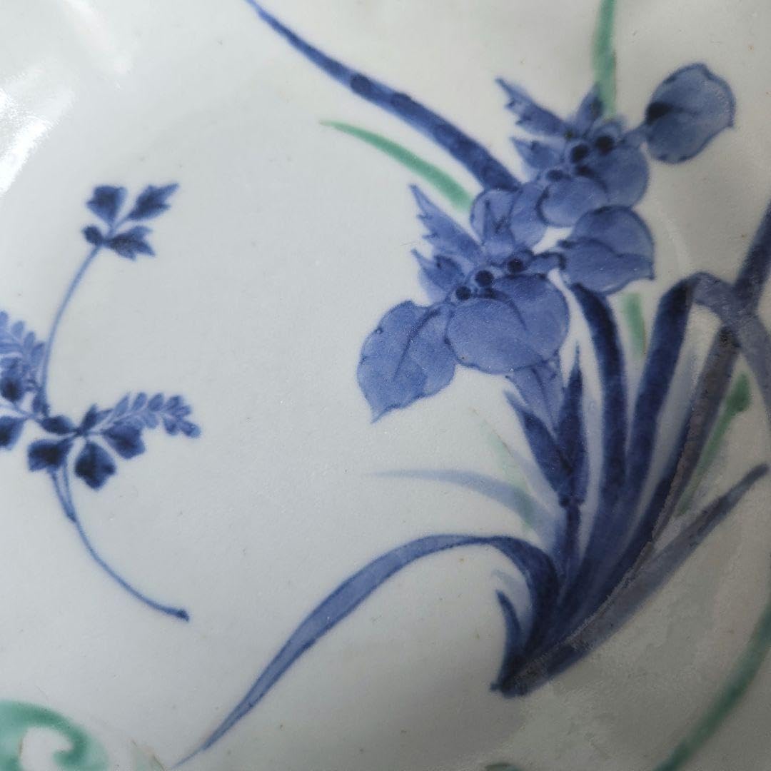 天井】古伊万里 色絵 染付 変形皿 江戸時代 骨董 菖蒲 金直し 金継ぎ