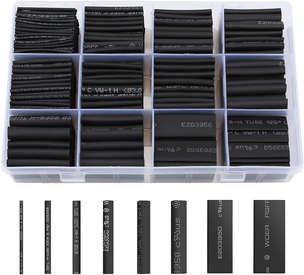 650Pcs Premium Heat Shrink Tubing Set - Black, 8 Sizes - Assorted Sleeving Tube Wrap Cable Wire Kit for DIY Projects