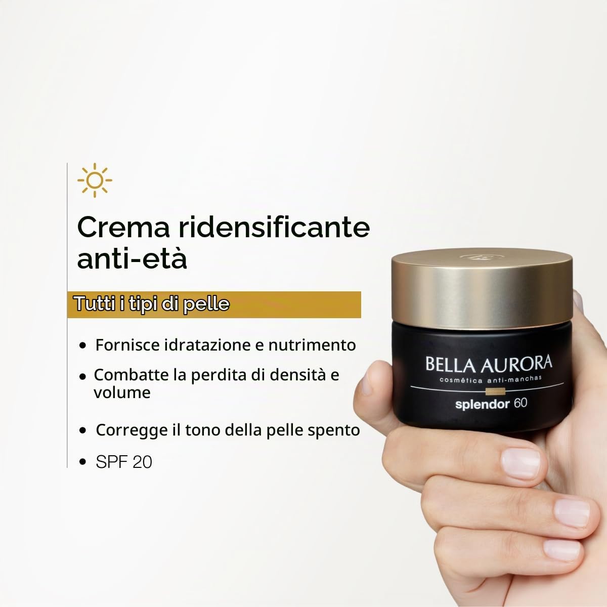 Bella Aurora Crema Facial de Día Anti-Edad 60+ Años SPF 20, 50 ml Anti-manchas, Anti-Arrugas y Despigmentante | Efecto Lifting | Ácido Hialurónico | SPLENDOR 60