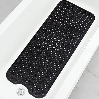 Linoows Extra Long Non-Slip Bathtub & Shower Mat 39x16 Inch, 200 Suction Cups, Drain Holes, Machine Washable - Black