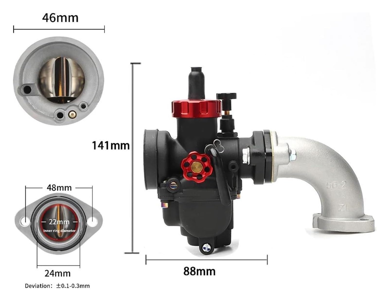 2T 4T Kit De Carburador para Motocicleta con Brida PE Y Tubo Entrada Curva Juego Codos Aire Frío Inyectores Carburador Repuesto Moto(22mm Black Kit)