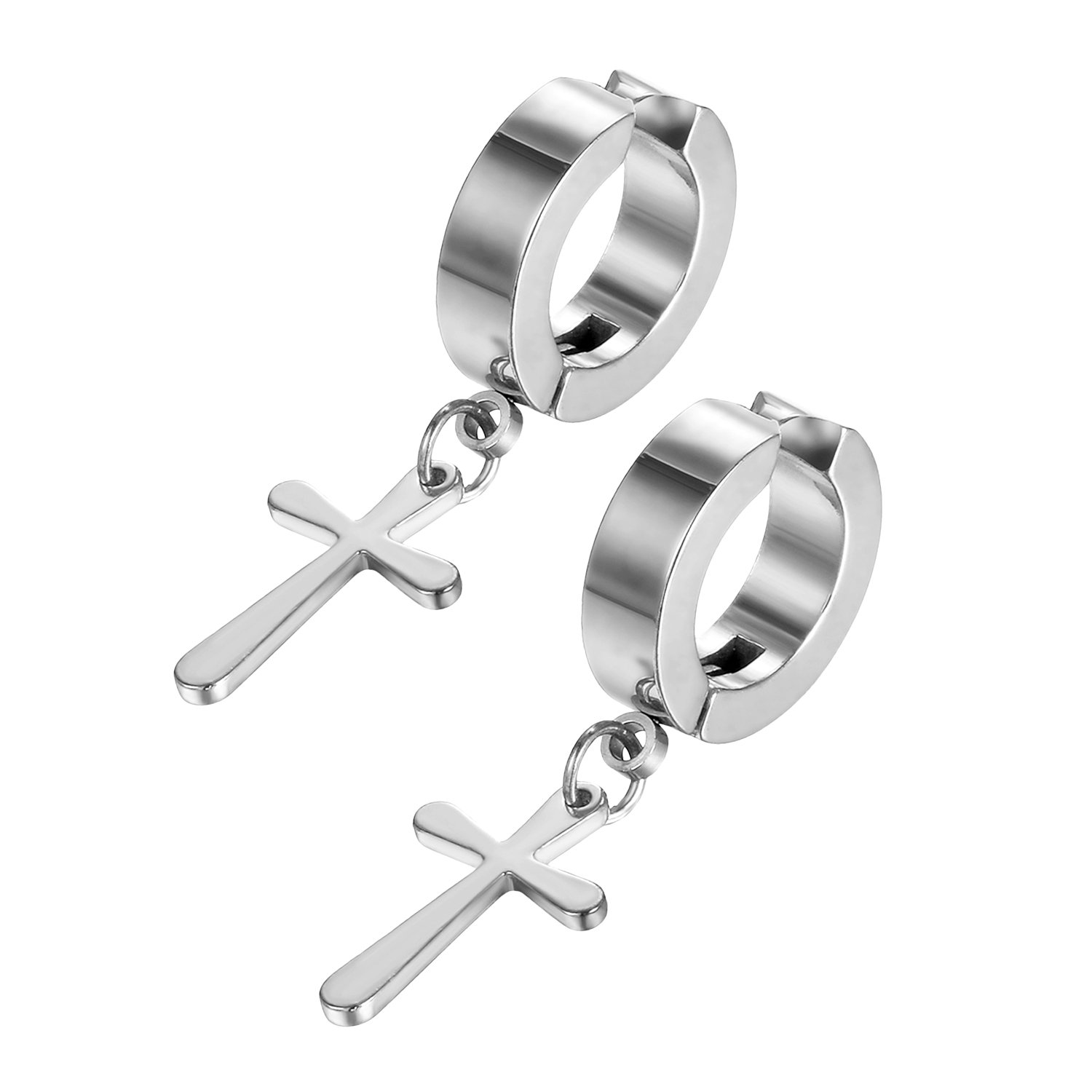 JewelryWe Pendientes de hombre Mujer, Pendientes de Cruz Semental Aro, Sin Perforación,Pendientes Falsos, Color Plateado Negro, Regalos para Navidad