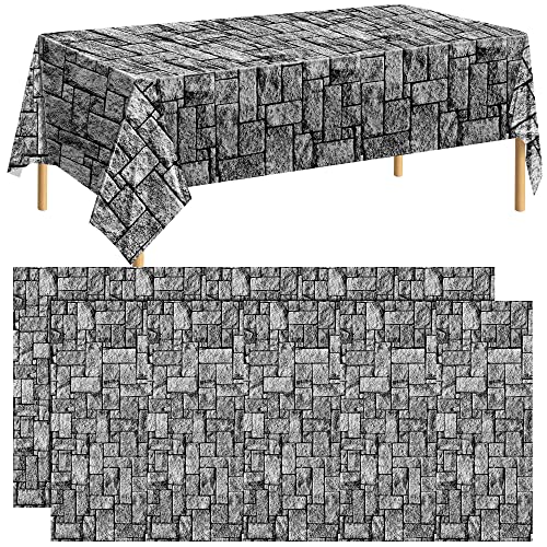 durony 2 Pieces Stone Wall Plastic Tablecloths Table Covers Waterproof Medieval Stone Brick Table Cover for Medieval Castle Knight Themed Party Table Decorations, 108 x 54 Inches