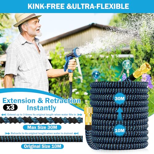 Gartenschlauch Flexibel 30M - Upgraded 3-Fach Dehnbarer Flexibler Wasserschlauch, 3-lagiges Latex Flexschlauch Langlebig, Garden Hose Set mit Brause, Flex Schlauch Garten mit Verbinder und Aufhängung