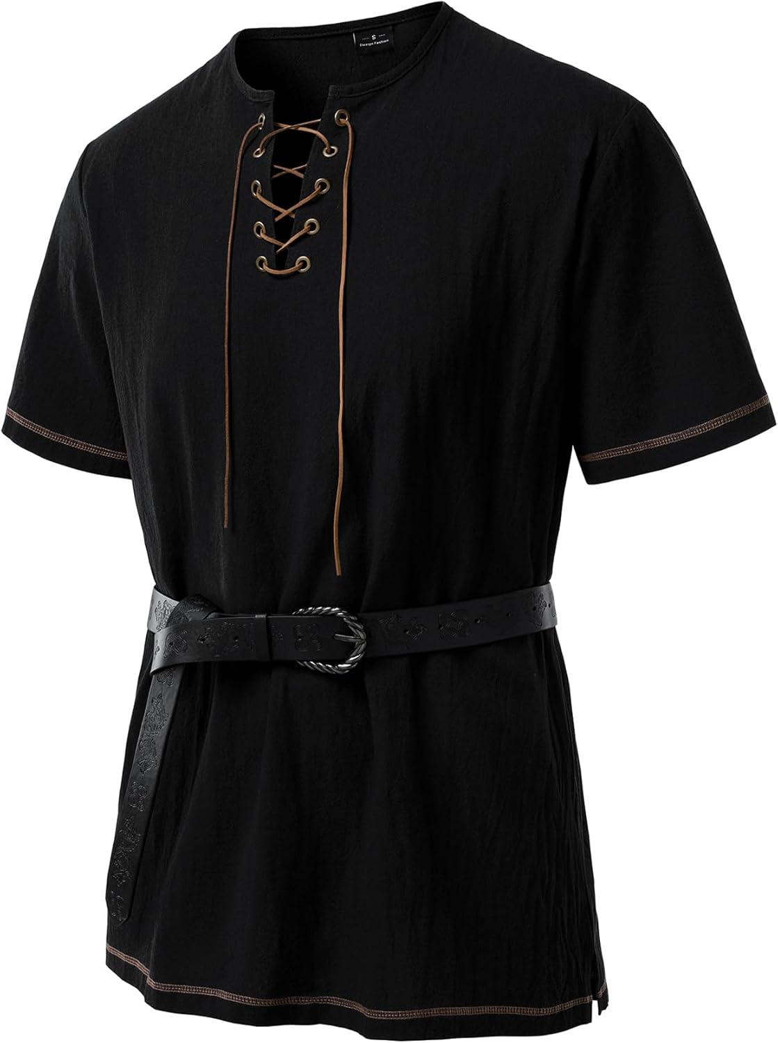 JEMITOP Men's Pure Cotton Retro Short Sleeves Lace Up Shirts for Casual Renaissance Pirate Medieval Viking Without Belt