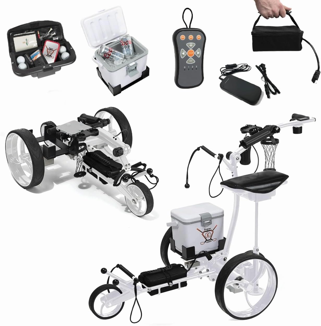 The Pro Wireless Remote Control Electric Golf Cart, Built-in 6 Pack Cooler, Seat, USB Port and Holders, 12V Lithium Battery Lasts 27 Holes