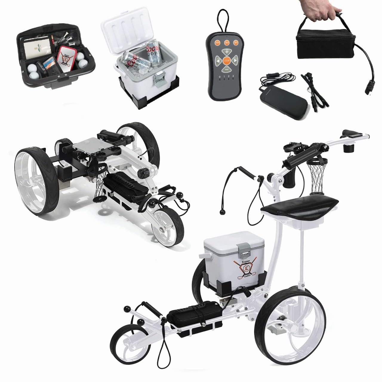 The Pro Wireless Remote Control Electric Golf Cart, Built-in 6 Pack Cooler, Seat, USB Port and Holders, 12V Lithium Battery Lasts 27 Holes. (White)