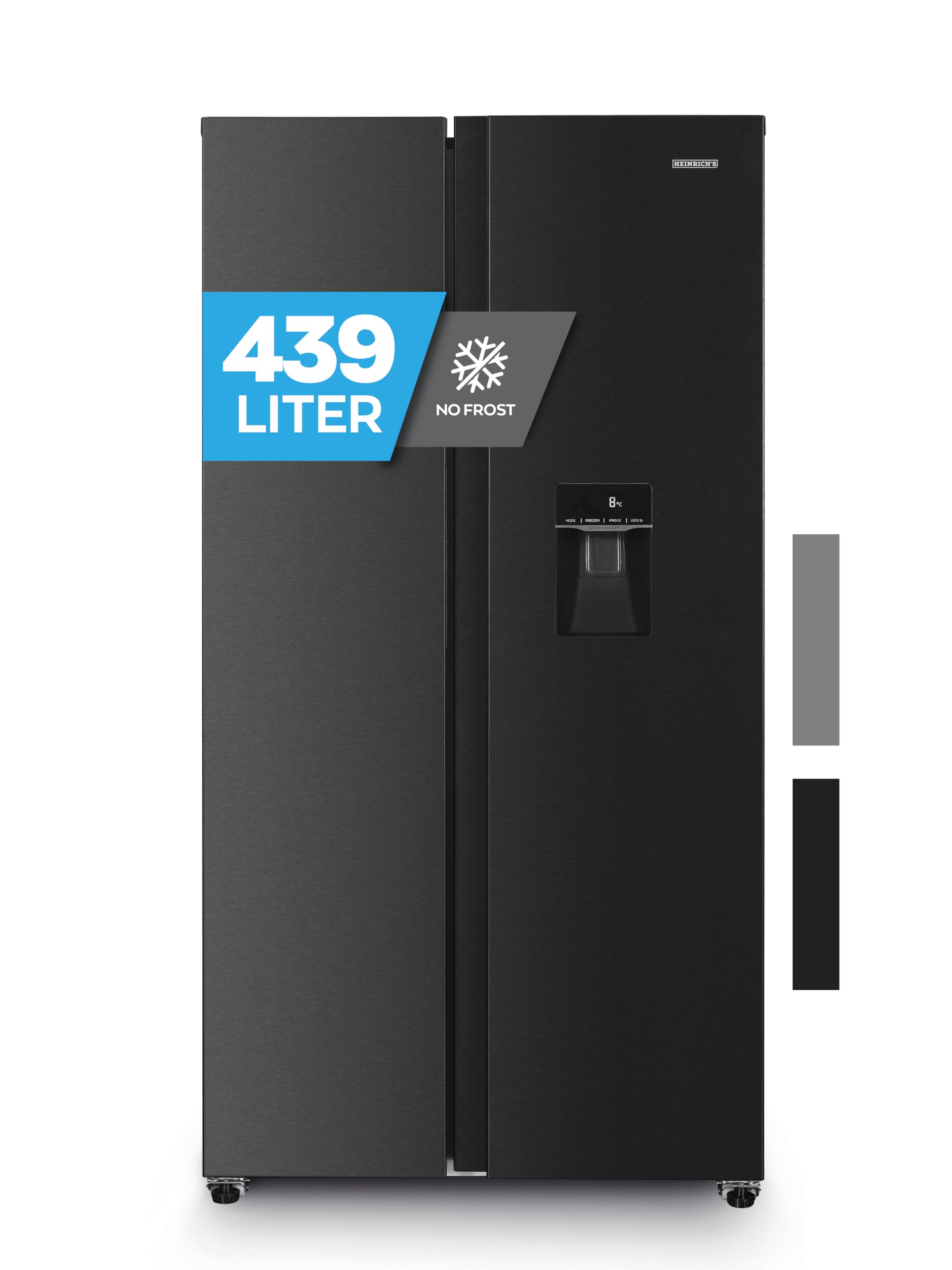 Heinrich´s Side-by-Side Kühlschrank, Kühlgefrierkombination mit 439L Mega Gesamtvolumen, NO-FROST, 151L Gefriervolumen, inkl. Wasserspender, LED Beleuchtung,Touch, Multi-Airflow-System, Schwarz-Inox