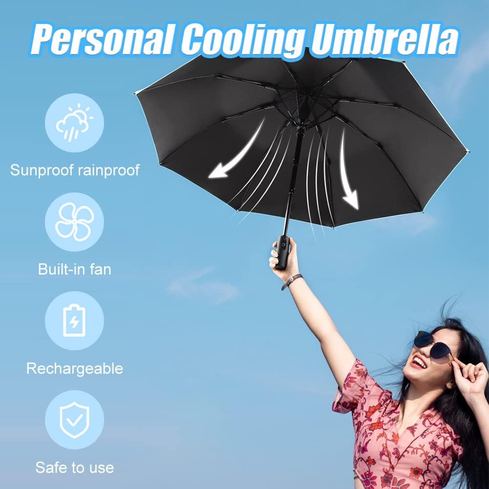 WOOLALA UV Sun & Rain Umbrella with Built-in Cooling Fan, Portable Foldable Design, UPF 50+ Protection, USB Rechargeable for Sports Games, Theme Parks on Hot Days