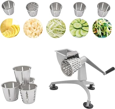 Manual Rotary Cheese Grater Vegetable Slicer Stainless Steel Kitchen Cheese Shredder Vegetable Cutter with 5 Interchangeable Drum Blades Hand Crank Grinder for Cheese, Vegetables and Fruit