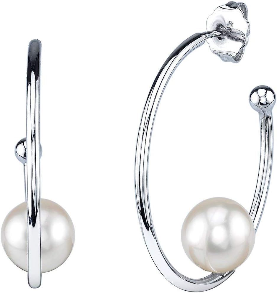 THE PEARL SOURCE Real Freshwater Pearl Hoop Earrings for Women, Sterling Silver AAAA Genuine Cultured Freshwater Pearls, White Pearl Hoop Earrings for Women, Hypoallergenic Fine Jewelry