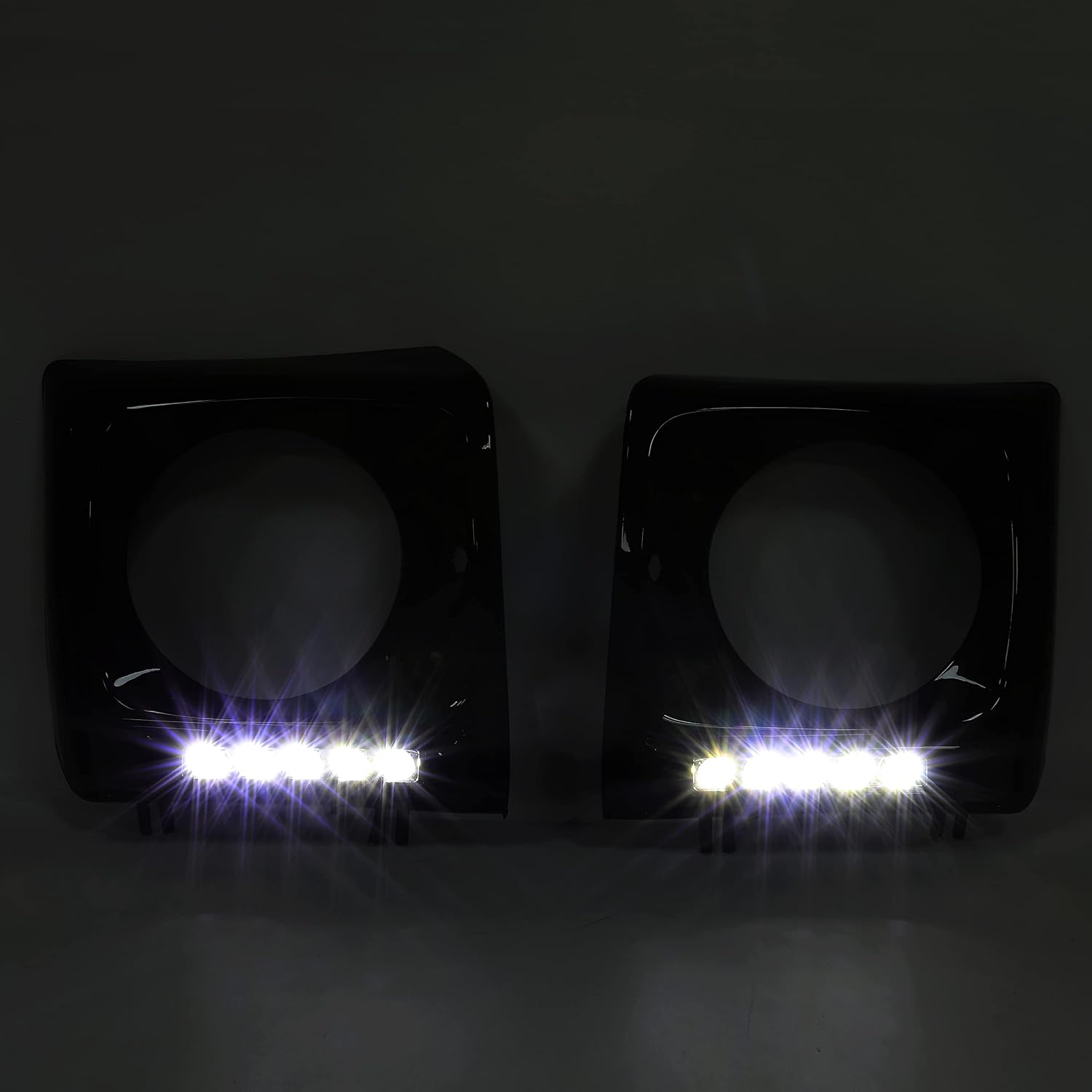 ALMULOO Pair Headlight Bezel w/LED White Strip Compatible with 1990-2018 Mercedes Benz W463 G-Class W463 G500 G63 G55 AMG Front Headlamp Door Cover Trim w/Wiring harness Plastic Painted Black LH&RH