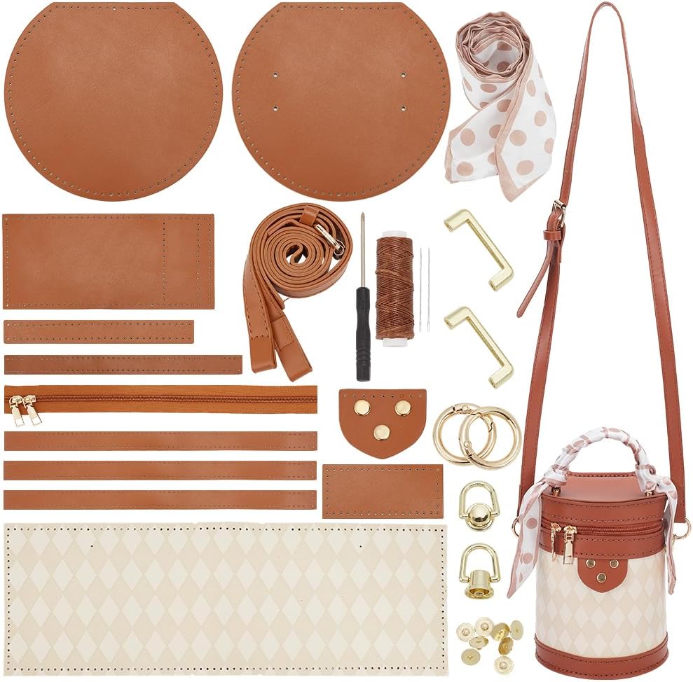 WADORN DIY PU Leather Crossbody Bag Making Kit, Shoulder Bucket Bag Making Set for Purse DIY Making Handmade Stitch Leather Bag Making Materials for DIY Handbag Accessories Shoulder Bag Making, Sienna