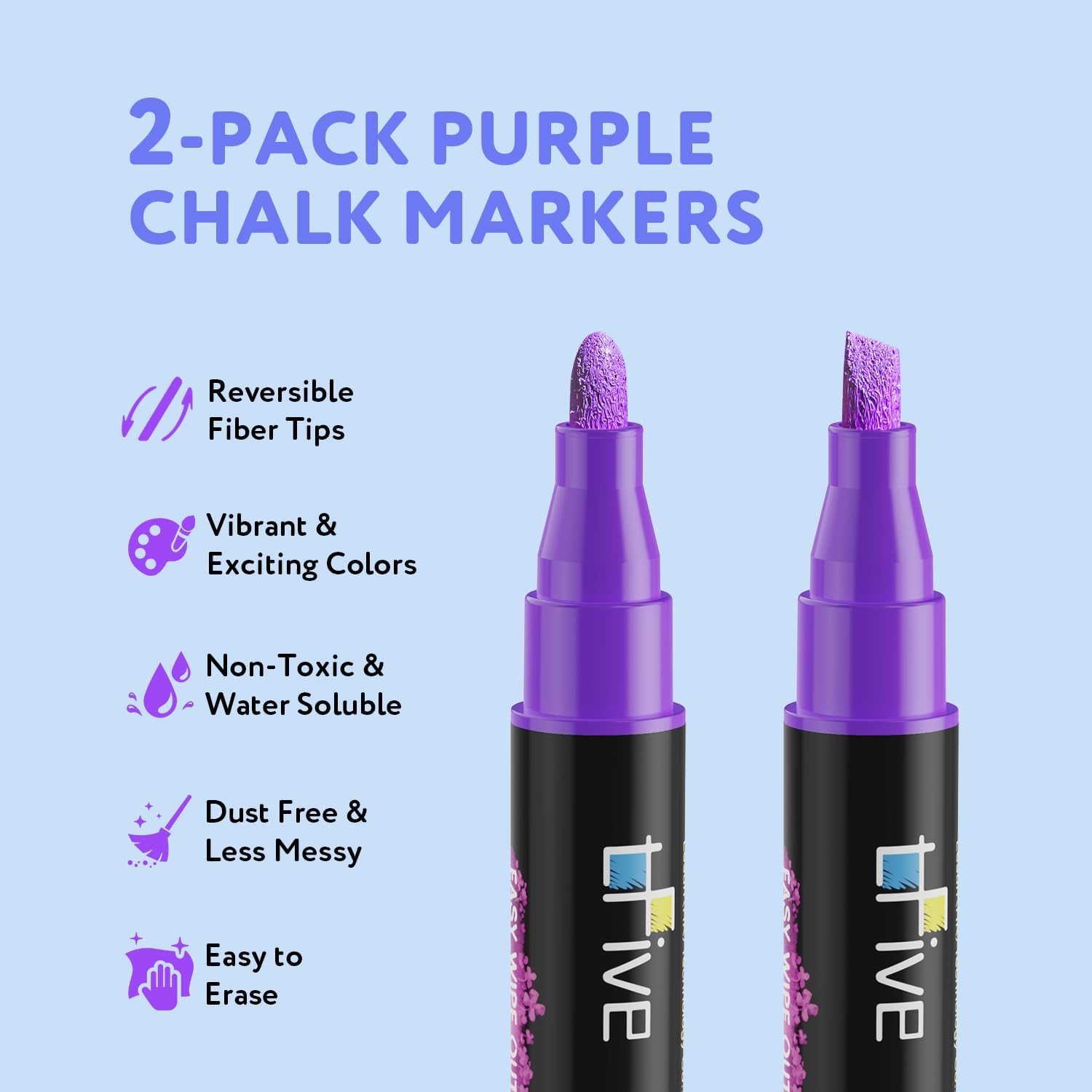 TFIVE Purple Liquid Chalk Markers, 2 Pack Erasable Chalkboard Markers image 2