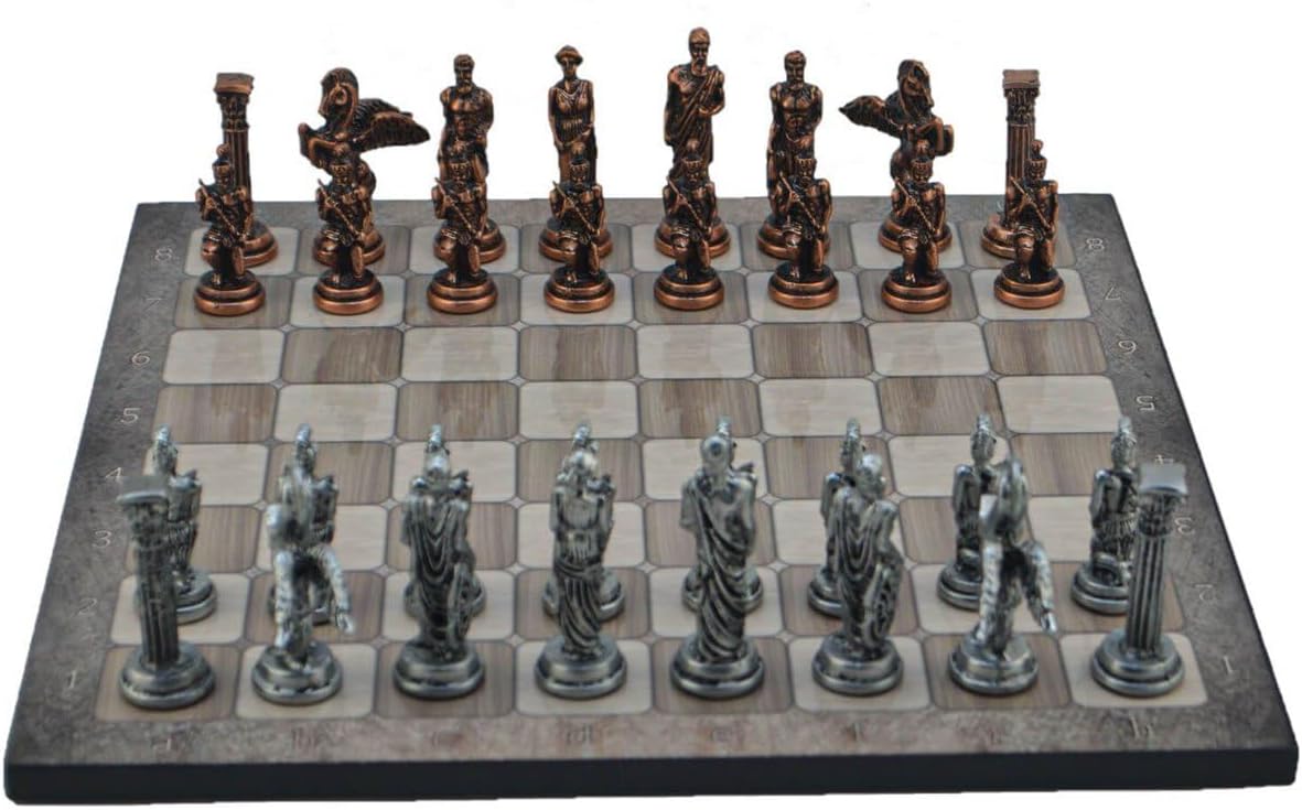 Metal Chess Sets for Adult Medium Mythologic Pegasus Antique Copper Figures,Handmade Pieces and Different Design Wooden Chess Board (Platin Oak)