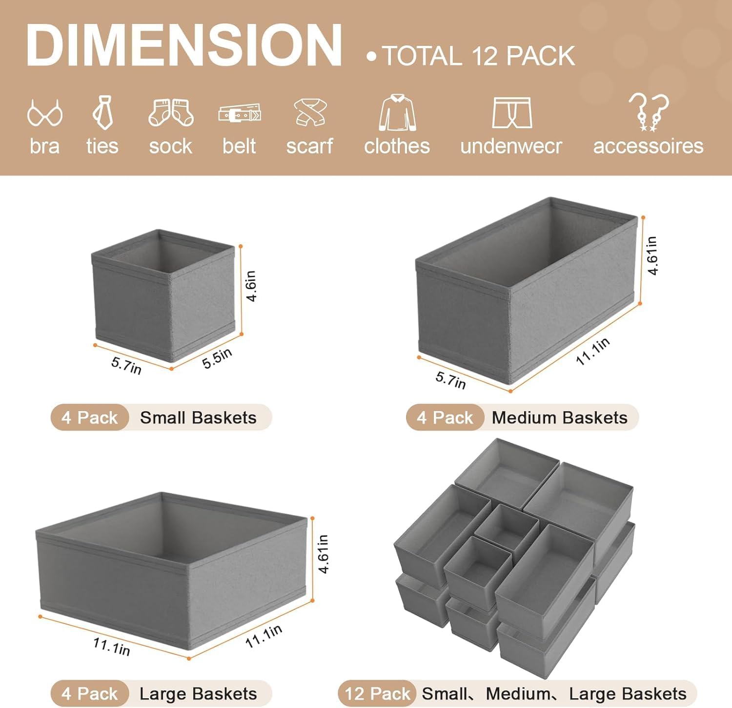 Dorisun Drawer Organizer Clothes 12 Pack, Dresser Closet Organizers For Baby Clothes Underwear, Sock Grey