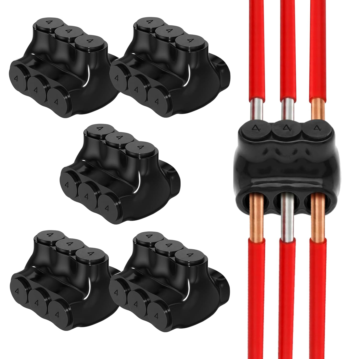 3-Port Inline Splice Connector, Aluminum Copper Wire Connector, Heavy-Duty Insulated Electrical Wire Splice for CU/AL, 600V, UV-Resistant - 5 Pack (4AWG-14AWG - 3 Port Dual Entry (5 Pack)