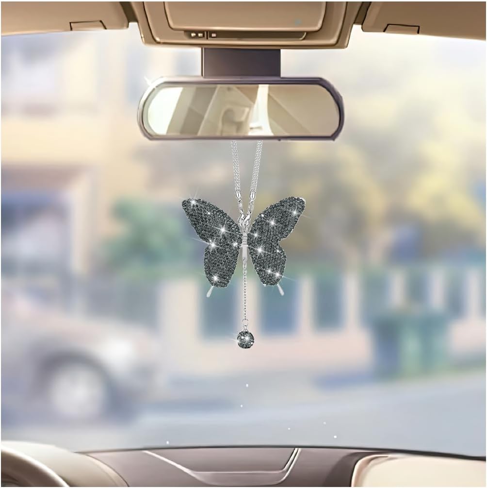 Bling Butterfly Car Hanging Accessories, Crystal Diamond Vehicle Rear View Mirror Charms, Automotive Interior Ornament Pendant for Women Girls, Universal Fit (Translucent Grey)